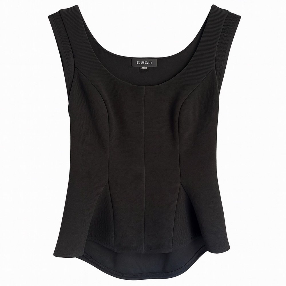 BEBE Black Cap Sleeve Hi-Low Top Sculpted Fitted Elegant Peplum Style Size XS